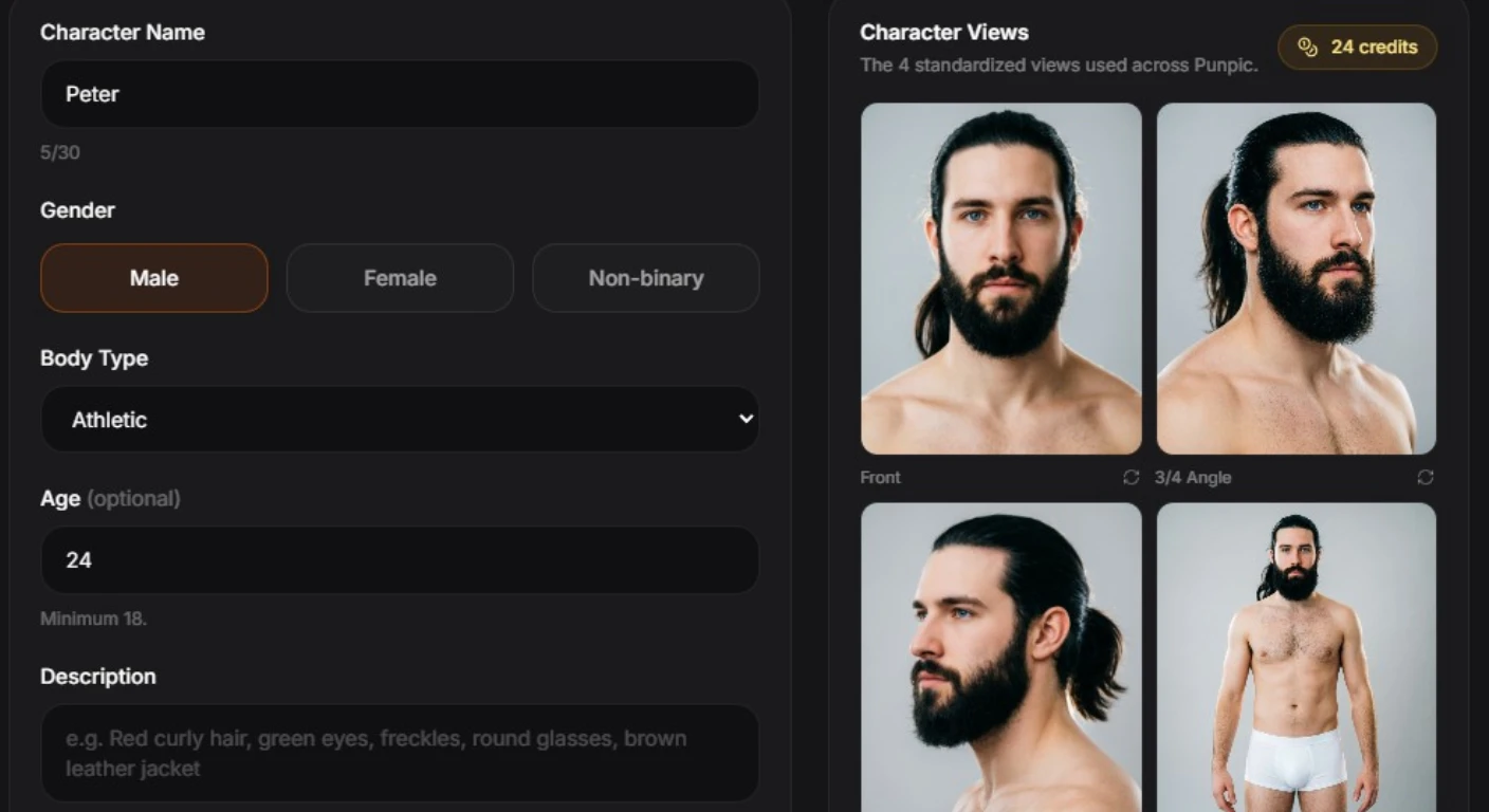 Character Studio AI interface showing consistent character generation and a 4-view reference sheet